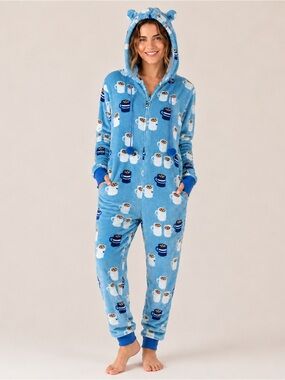 Munki Munki Womens Fleece One Piece Pajamas Hooded Cocoa Cup Print Cozy Lounge